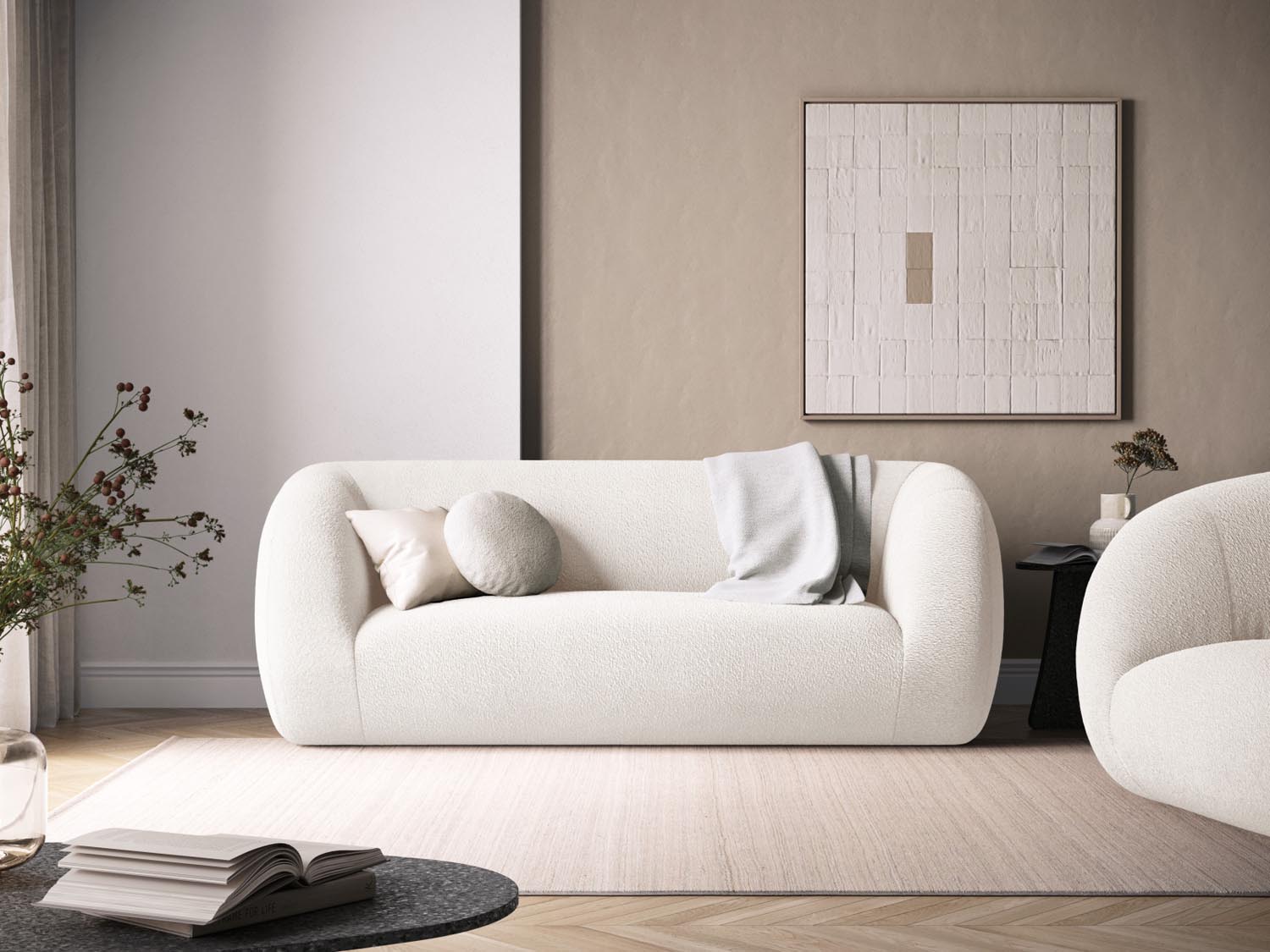 Elegantes 2-Sitzer Sofa "Essen" in Boucle-Optik, ideal für stilvolle Wohnräume, präsentiert von Cosmopolitan Design.