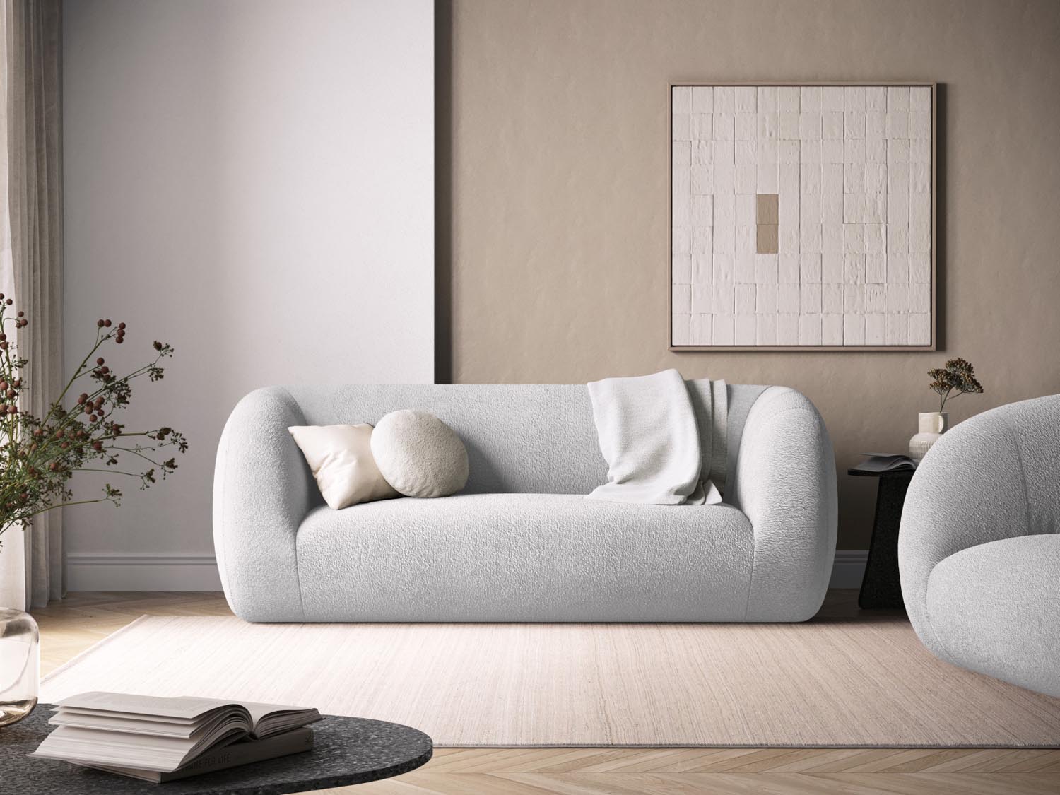 Elegantes 2-Sitzer Sofa "Essen" in Boucle-Optik, hellgrau, ideal für stilvolle Wohnräume, präsentiert von Cosmopolitan Design.