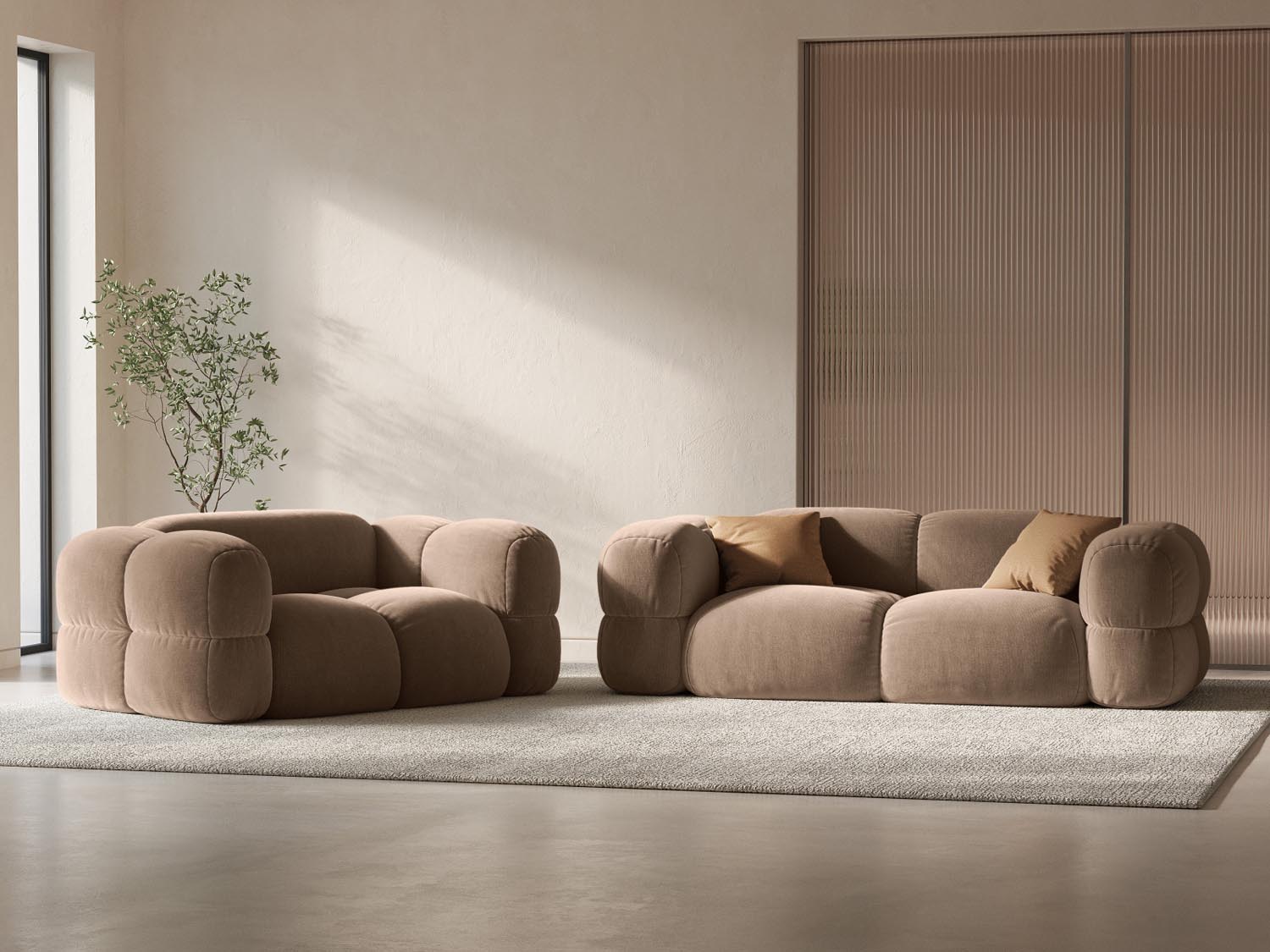 Elegantes Loretto Velour Sofa in Dunkelbeige, ideal für stilvolle Wohnräume. Kompakte 2-Sitzer-Variante von Cosmopolitan Design.