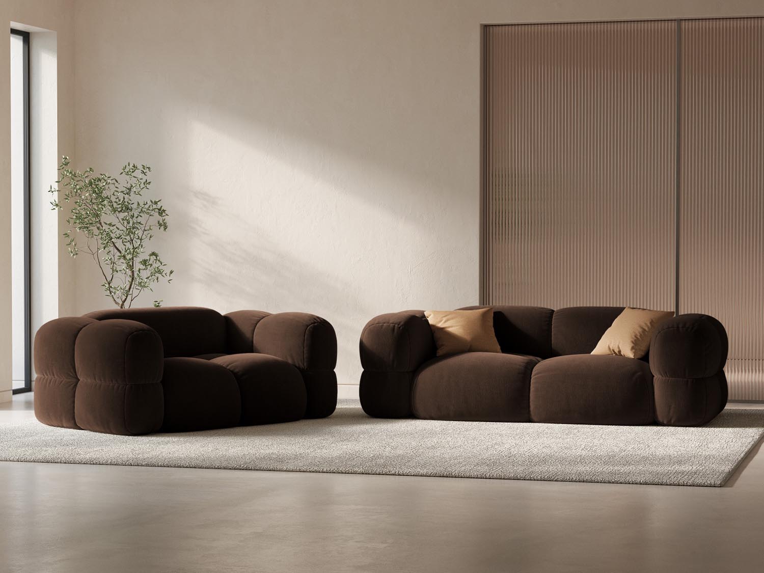 Elegantes Loretto Velour Sofa für zwei Personen in der Farbe Chocolate-Vogue, ideal für stilvolle Wohnräume.