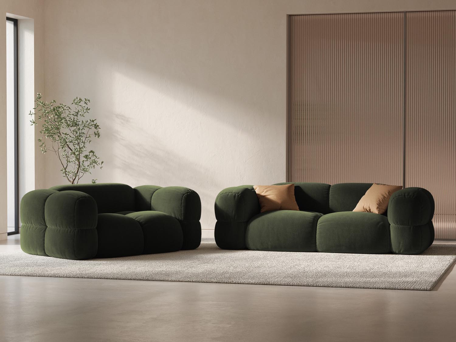 Elegantes Loretto Velour Sofa in Grün, 2-Sitzer mit modernem Design, ideal für stilvolle Wohnräume und gemütliche Abende.