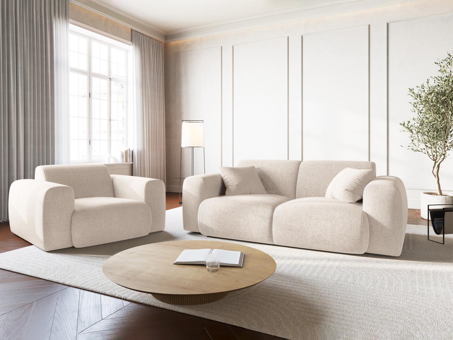 Elegantes Nolio 2-Sitzer Sofa in sanftem Beige, ideal für stilvolle Wohnräume. Modernes Design von Cosmopolitan Design.