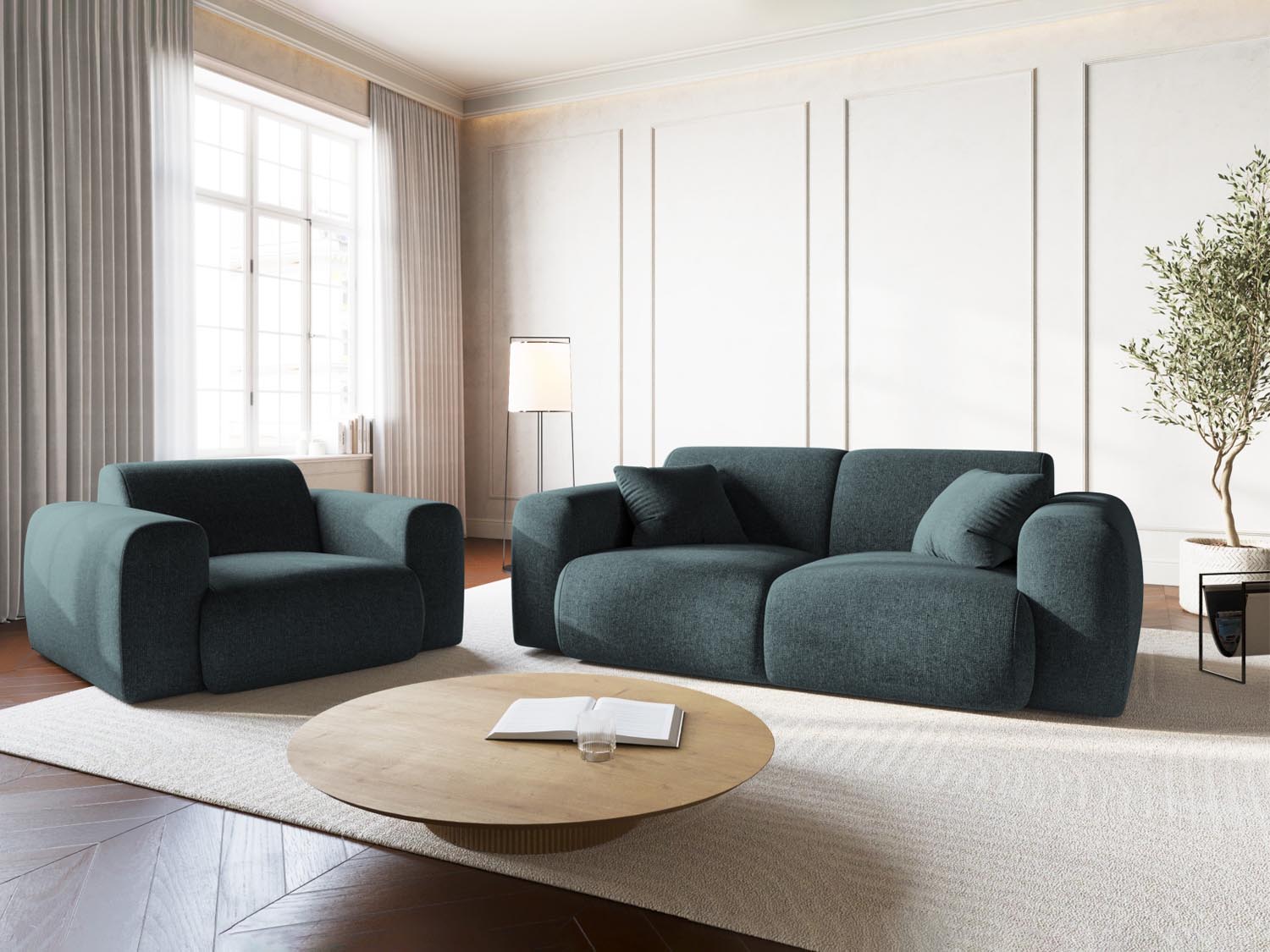 Elegantes Nolio 2-Sitzer Sofa in Petrol-Haga, ideal für stilvolle Wohnräume. Modernes Design von Cosmopolitan Design.