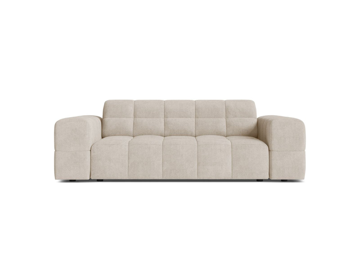 Zweisitzer-Sofa mit hellbeigem Chenille-Bezug (Eden), Massivholzrahmen und schwarzen Kunststoffbeinen, moderne klare Linienführung.