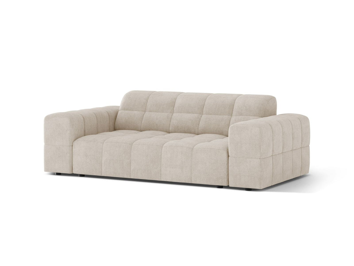Zweisitzer-Sofa mit hellbeigem Chenille-Bezug (Eden), Massivholzrahmen und schwarzen Kunststoffbeinen, moderne klare Linienführung.