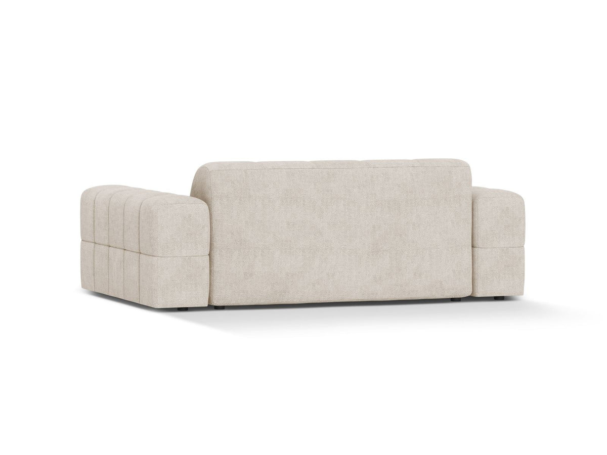 Zweisitzer-Sofa mit hellbeigem Chenille-Bezug (Eden), Massivholzrahmen und schwarzen Kunststoffbeinen, moderne klare Linienführung.