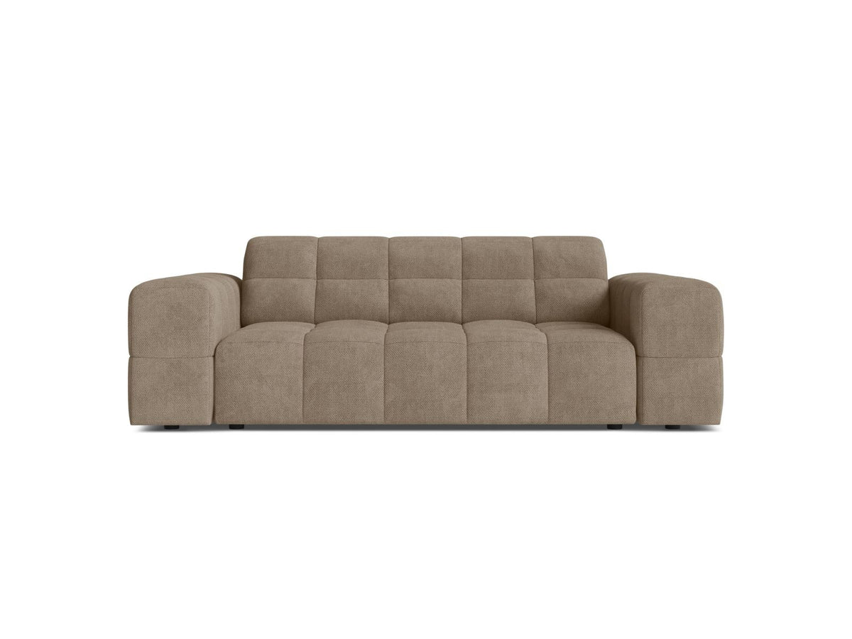 Zweisitzer-Sofa mit hellbeigem Chenille-Bezug (Eden), Massivholzrahmen und schwarzen Kunststoffbeinen, moderne klare Linienführung.
