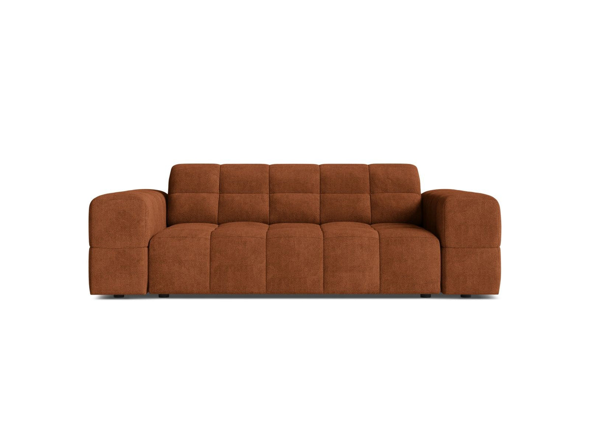 Zweisitzer-Sofa mit hellbeigem Chenille-Bezug (Eden), Massivholzrahmen und schwarzen Kunststoffbeinen, moderne klare Linienführung.