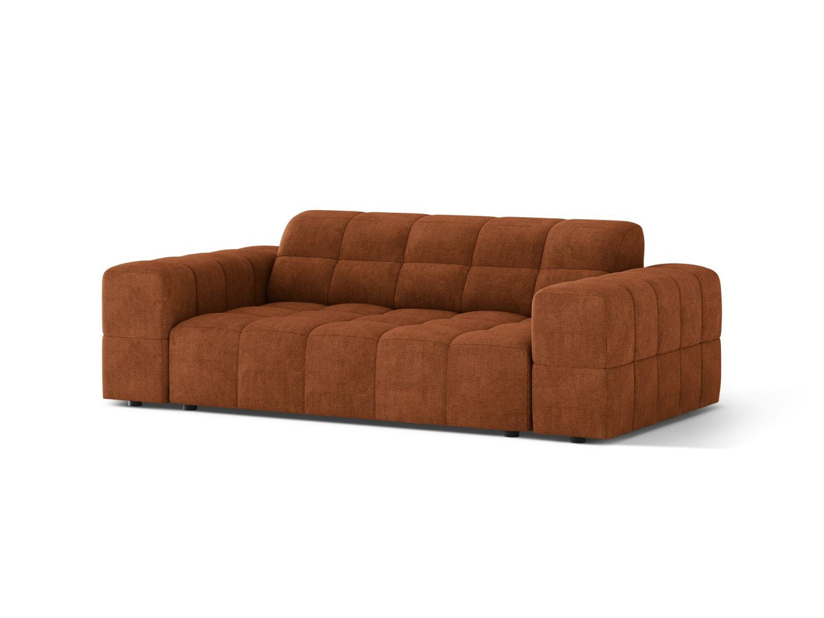 Zweisitzer-Sofa mit hellbeigem Chenille-Bezug (Eden), Massivholzrahmen und schwarzen Kunststoffbeinen, moderne klare Linienführung.