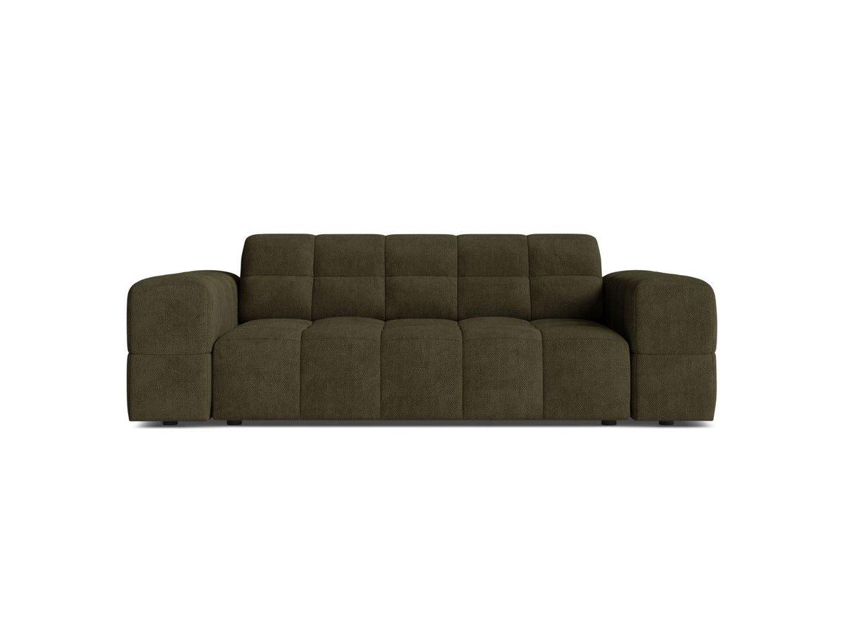 Zweisitzer-Sofa mit hellbeigem Chenille-Bezug (Eden), Massivholzrahmen und schwarzen Kunststoffbeinen, moderne klare Linienführung.