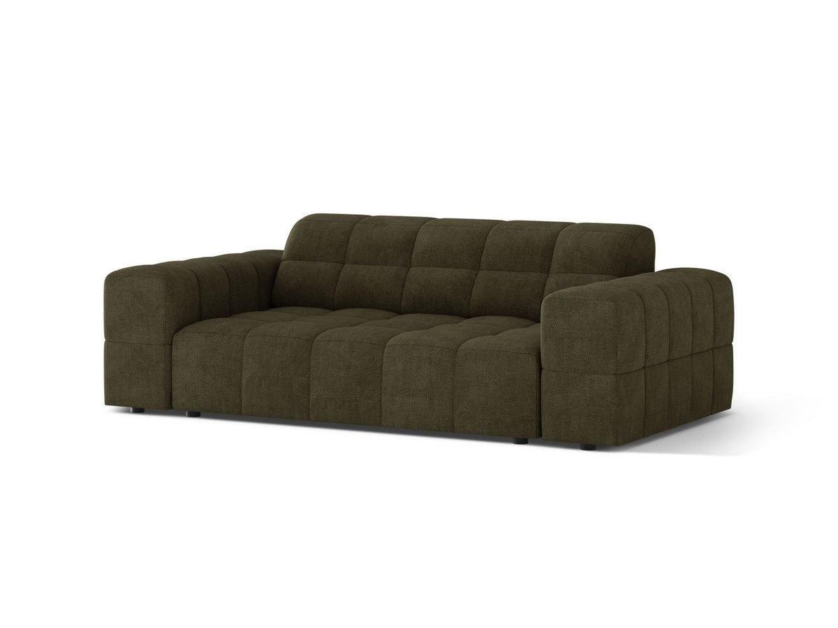 Zweisitzer-Sofa mit hellbeigem Chenille-Bezug (Eden), Massivholzrahmen und schwarzen Kunststoffbeinen, moderne klare Linienführung.