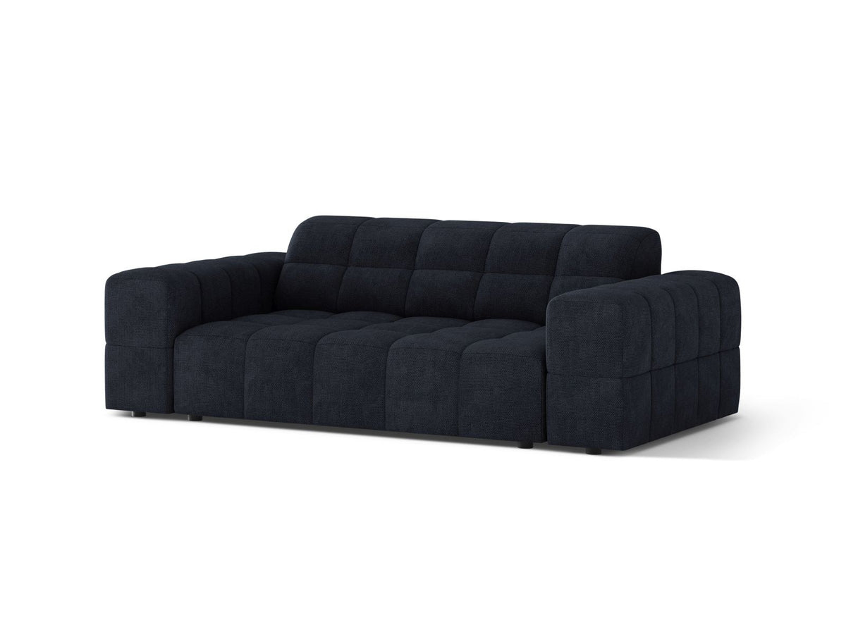 Zweisitzer-Sofa mit hellbeigem Chenille-Bezug (Eden), Massivholzrahmen und schwarzen Kunststoffbeinen, moderne klare Linienführung.