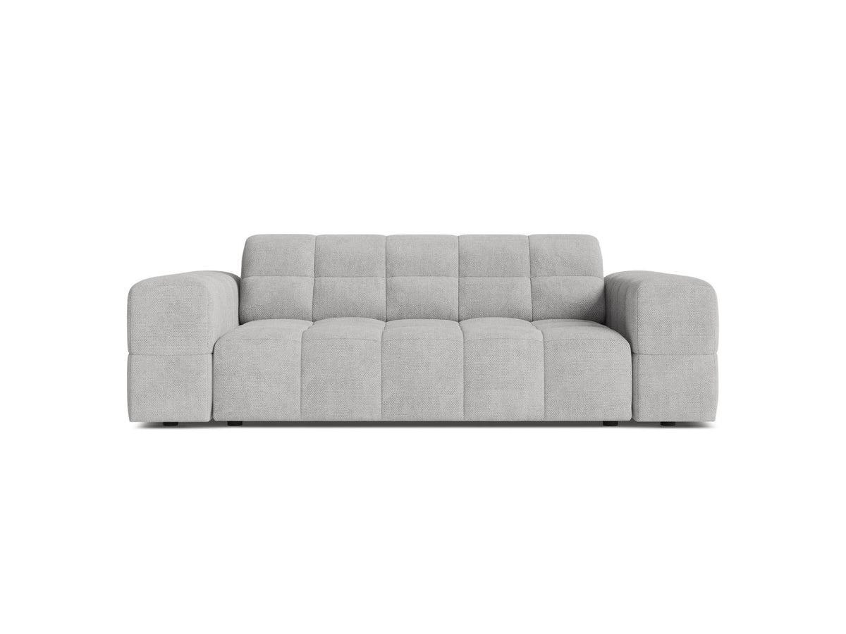 Zweisitzer-Sofa mit hellbeigem Chenille-Bezug (Eden), Massivholzrahmen und schwarzen Kunststoffbeinen, moderne klare Linienführung.