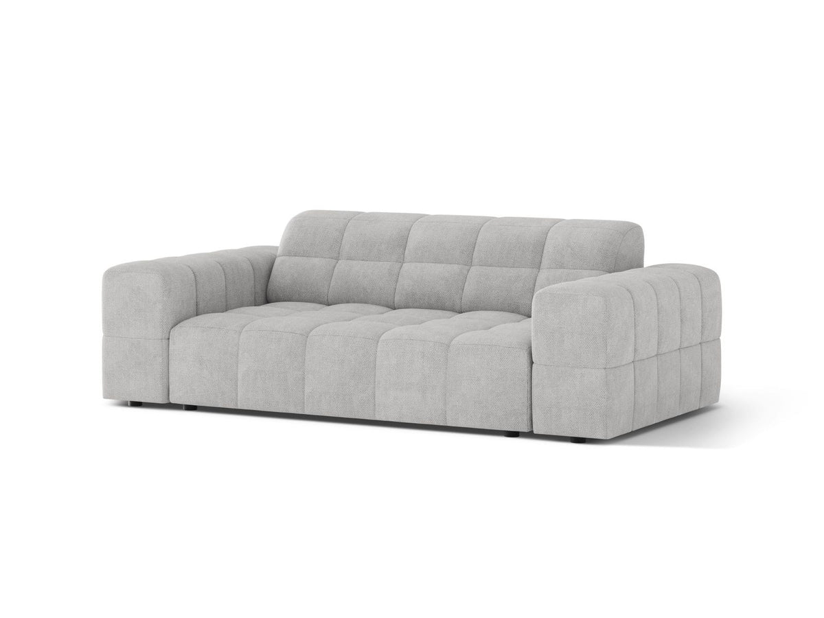 Zweisitzer-Sofa mit hellbeigem Chenille-Bezug (Eden), Massivholzrahmen und schwarzen Kunststoffbeinen, moderne klare Linienführung.