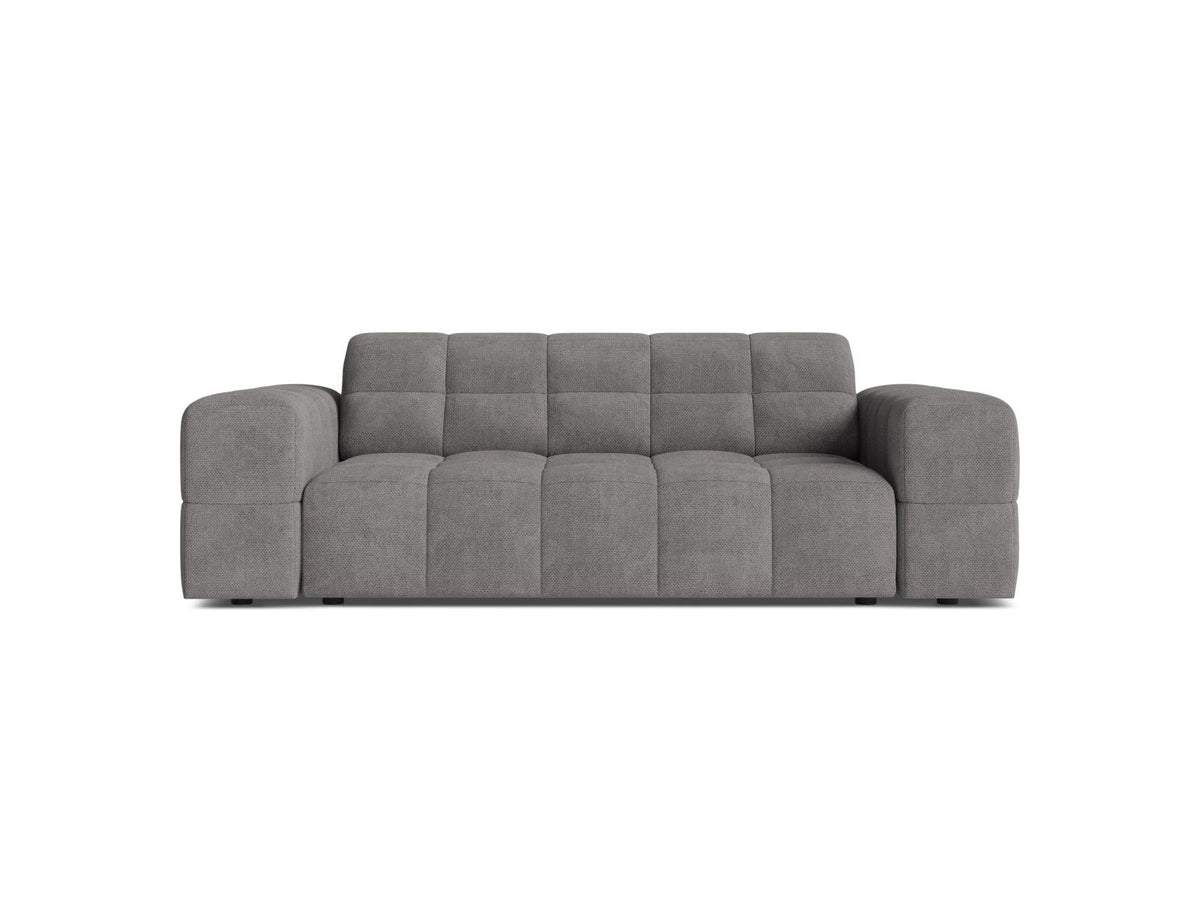 Zweisitzer-Sofa mit hellbeigem Chenille-Bezug (Eden), Massivholzrahmen und schwarzen Kunststoffbeinen, moderne klare Linienführung.