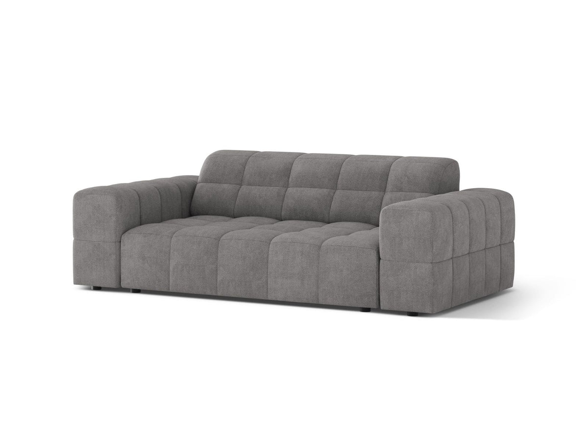 Zweisitzer-Sofa mit hellbeigem Chenille-Bezug (Eden), Massivholzrahmen und schwarzen Kunststoffbeinen, moderne klare Linienführung.