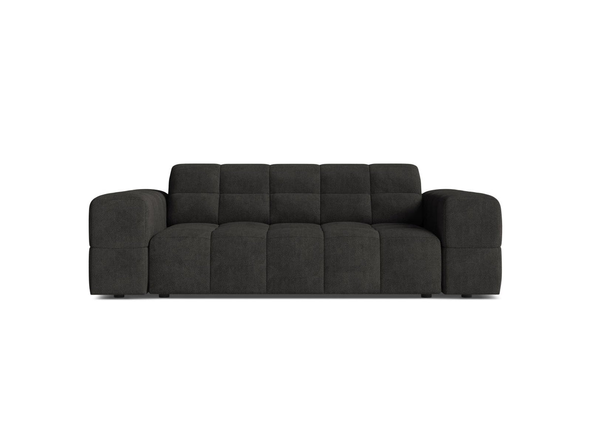 Zweisitzer-Sofa mit hellbeigem Chenille-Bezug (Eden), Massivholzrahmen und schwarzen Kunststoffbeinen, moderne klare Linienführung.