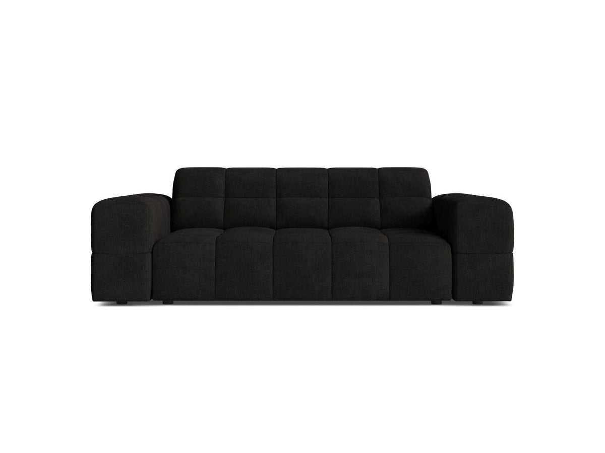 Zweisitzer-Sofa mit hellbeigem Chenille-Bezug (Eden), Massivholzrahmen und schwarzen Kunststoffbeinen, moderne klare Linienführung.
