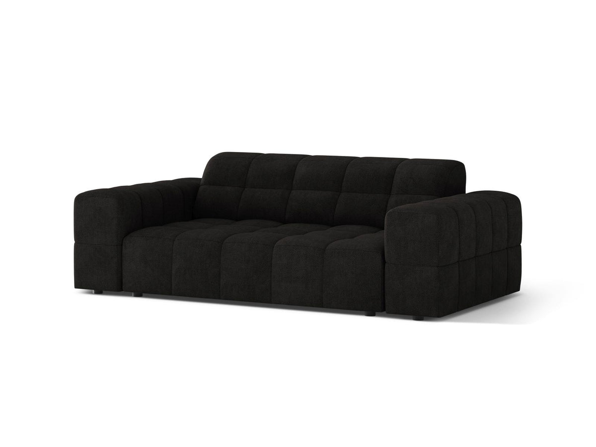 Zweisitzer-Sofa mit hellbeigem Chenille-Bezug (Eden), Massivholzrahmen und schwarzen Kunststoffbeinen, moderne klare Linienführung.