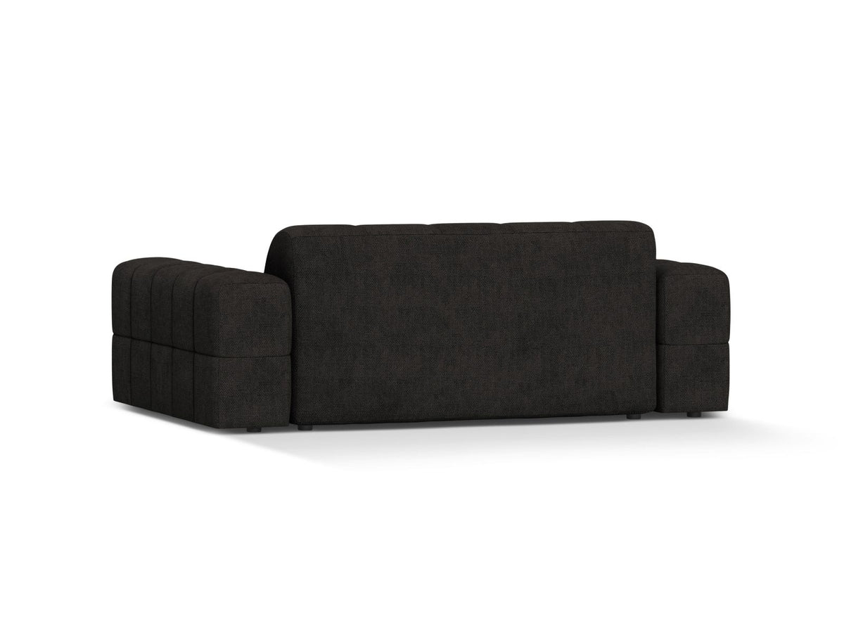 Zweisitzer-Sofa mit hellbeigem Chenille-Bezug (Eden), Massivholzrahmen und schwarzen Kunststoffbeinen, moderne klare Linienführung.