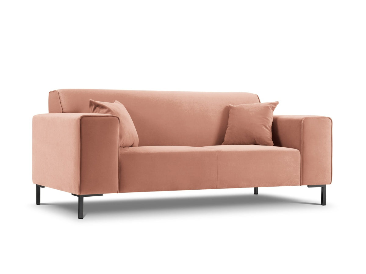 Zweisitzer-Sofa Siena in Beige-Salvador-Samt mit schwarzen Kunststoffbeinen, gepolsterter Sitzfläche und niedriger Rückenlehne, Frontansicht.