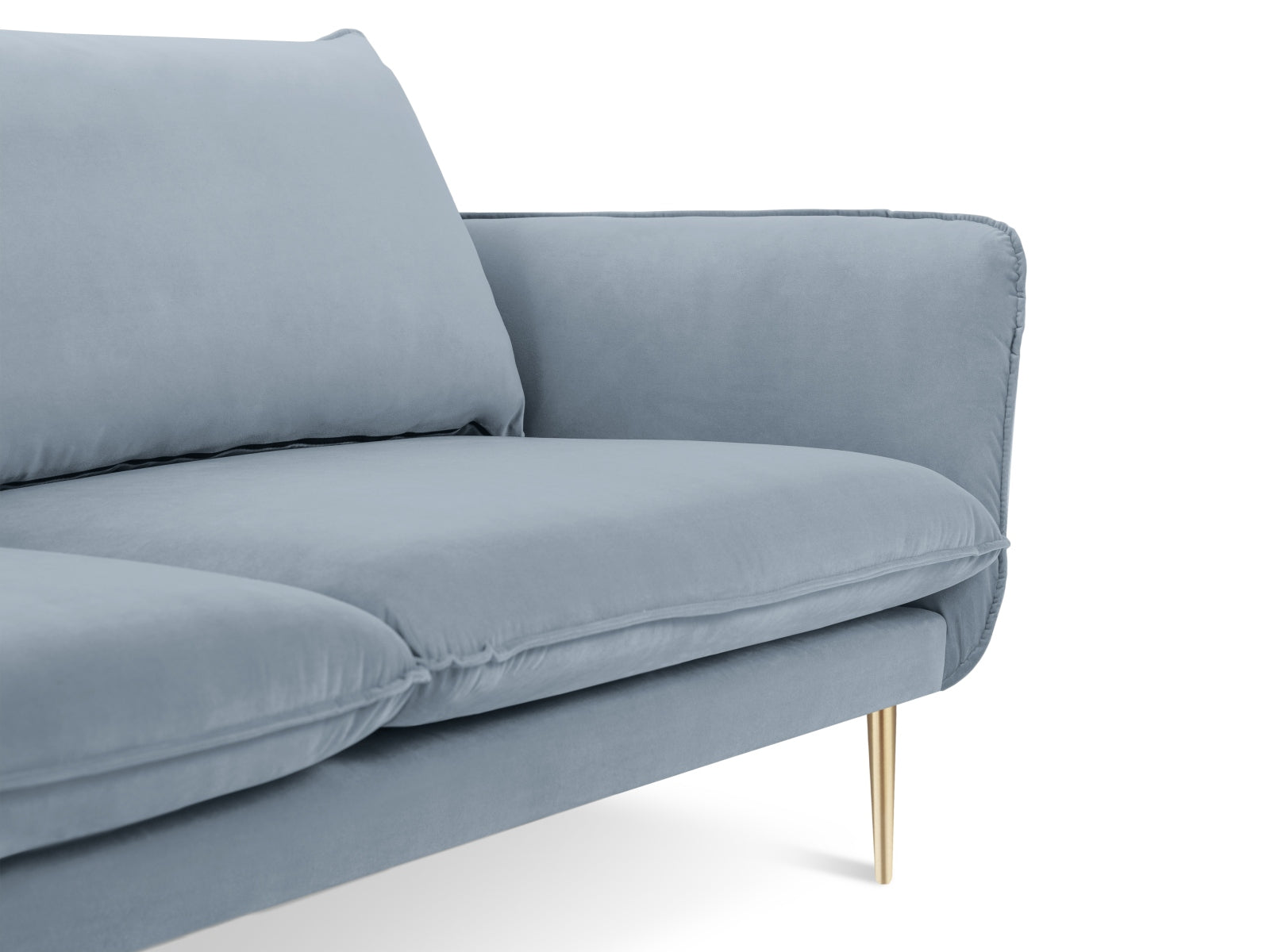 Stilvolles 2-Sitzer Sofa "Vienna" in zartem Hellblau, gepolstert mit Velours, perfekt für moderne und elegante Wohnumgebungen.