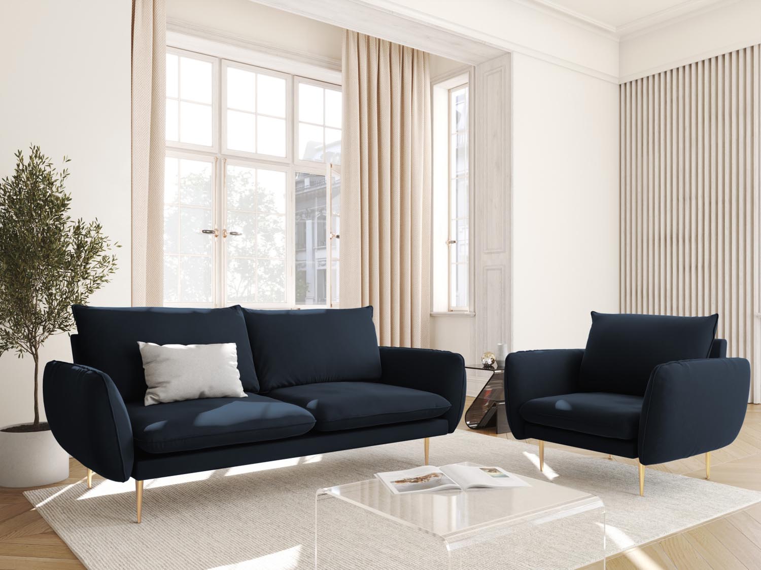 Elegantes 2-Sitzer Sofa "Vienna" in edlem Dunkelblau mit goldenen Akzenten, ideal für stilvolle Wohnräume.