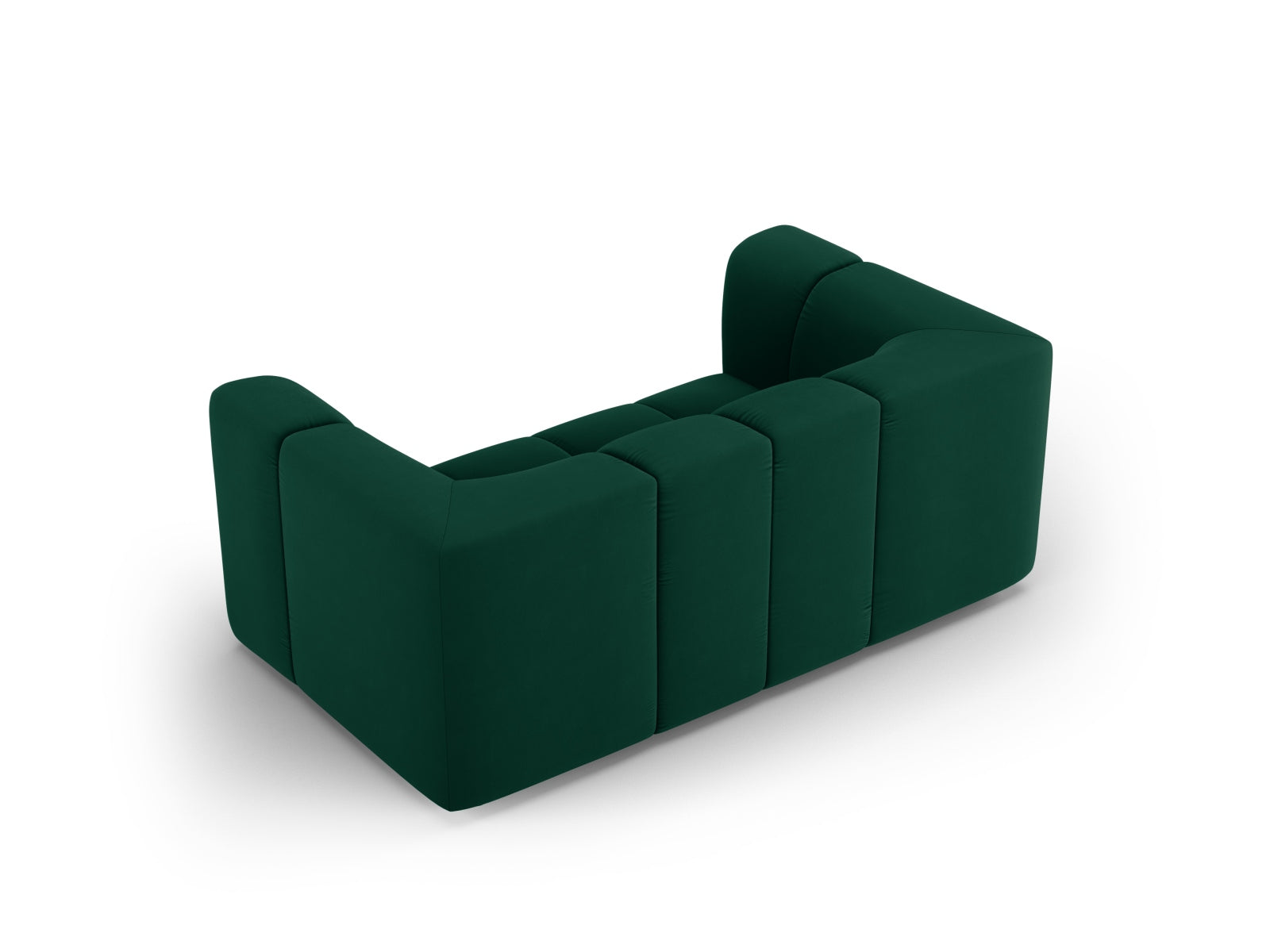 Modernes 2-Sitzer Sofa Moritz in edlem Bottle Green-Bluvel, perfekt für stilvolle Wohnzimmer und gemütliche Sitzgelegenheiten.
