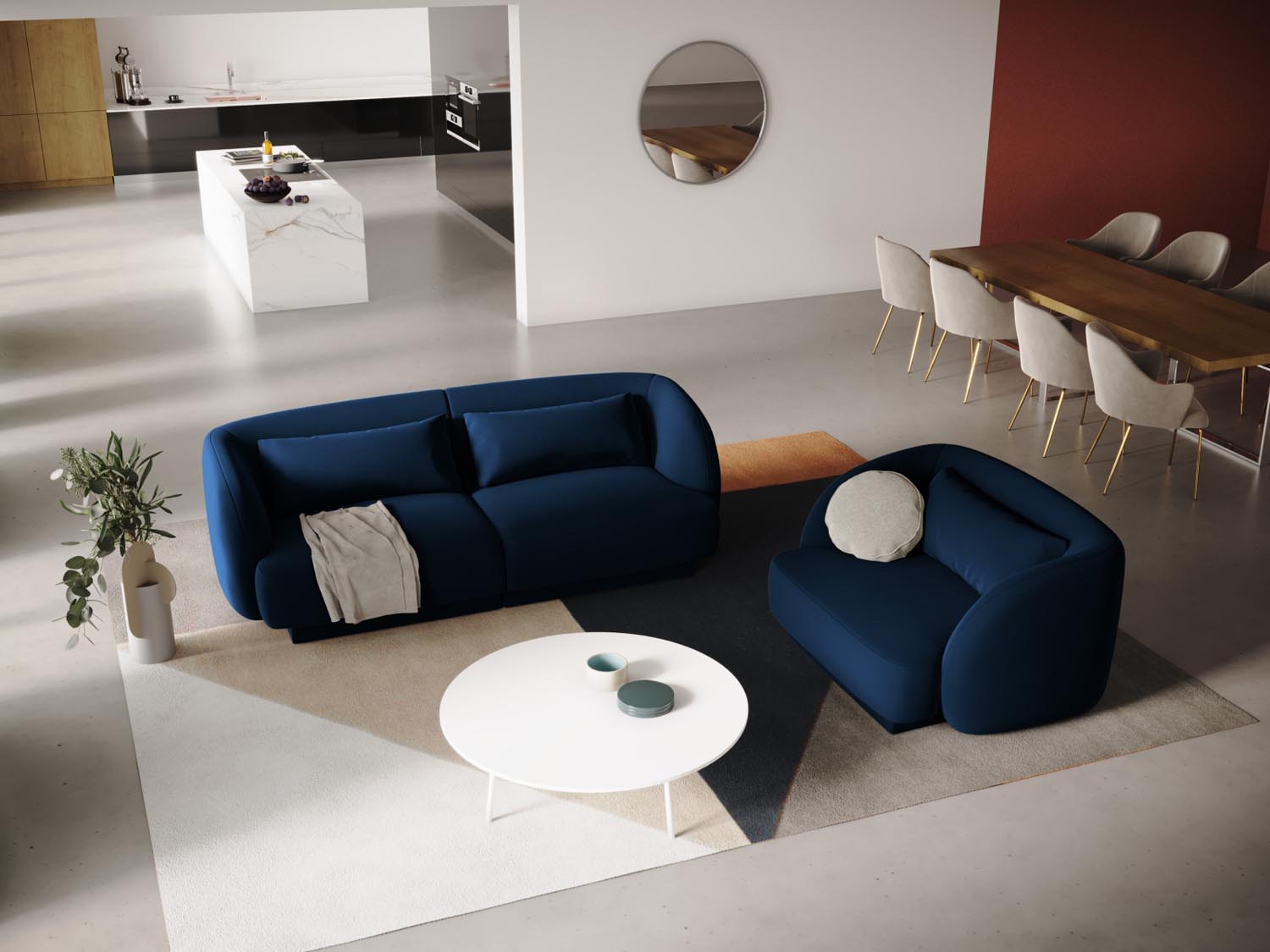 Elegantes Tulum Velour Sofa in Royal Blue, 2-Sitzer mit modernem Design, ideal für stilvolle Wohnräume.