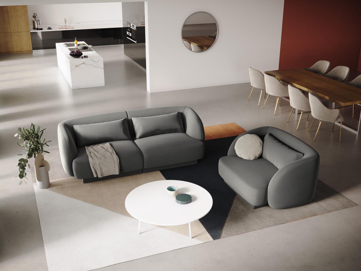 Elegantes Tulum Velour Sofa in sanftem Grau, ideal für stilvolle Wohnräume. Kompakte 90 cm Breite, perfekt für kleine Räume.