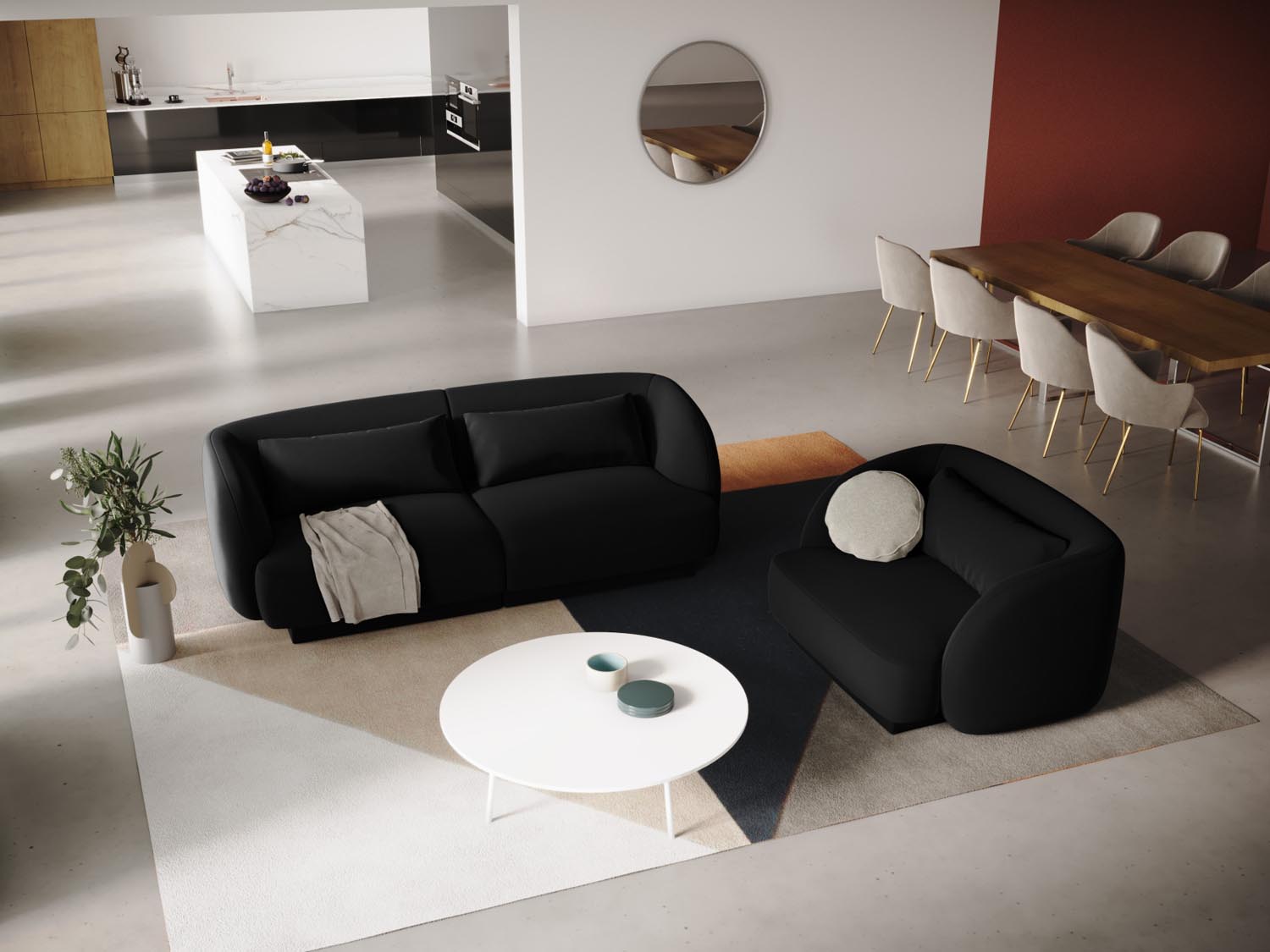 Elegantes Tulum Velour Sofa in Schwarz-Bluvel, 2-Sitzer mit modernem Design, ideal für stilvolle Wohnräume.