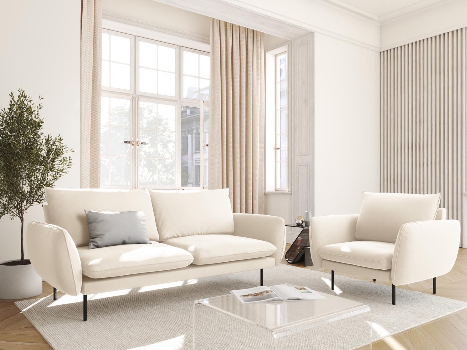 Elegantes 2-Sitzer Sofa "Vienna" in sanftem Beige und stilvollem Schwarz-Bluvel, ideal für moderne Wohnräume.