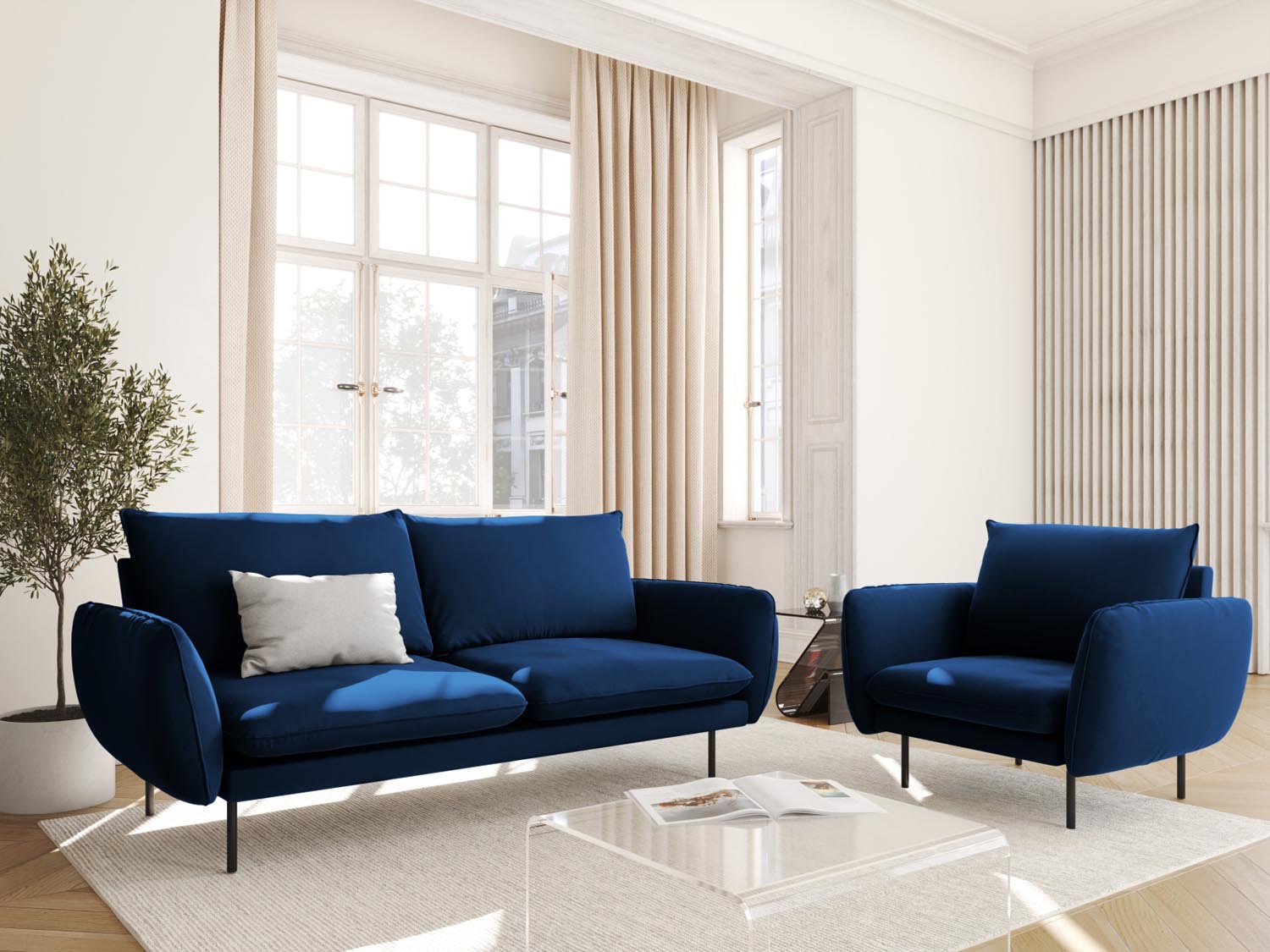 Elegantes 2-Sitzer Sofa "Vienna" in Royal Blue und Schwarz-Bluvel, ideal für stilvolle Wohnräume, präsentiert von Cosmopolitan Design.