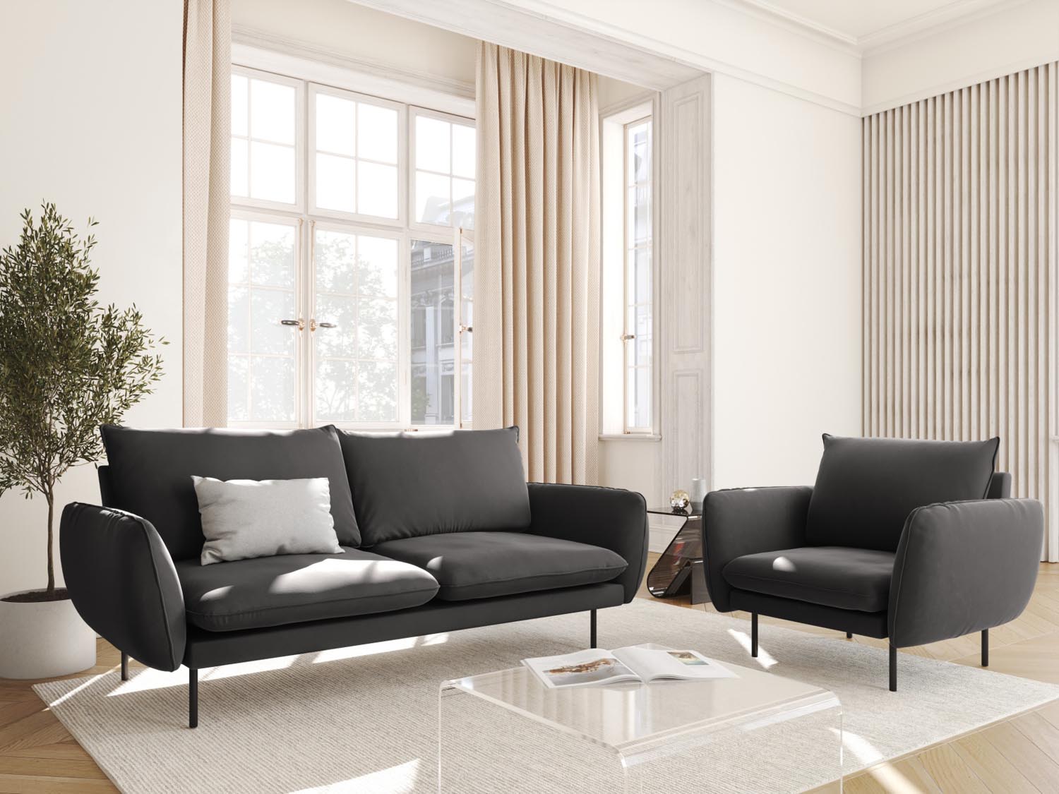 Elegantes 2-Sitzer Sofa "Vienna" in dunklem Grau, gefertigt aus hochwertigem Velours, ideal für stilvolle Wohnräume.
