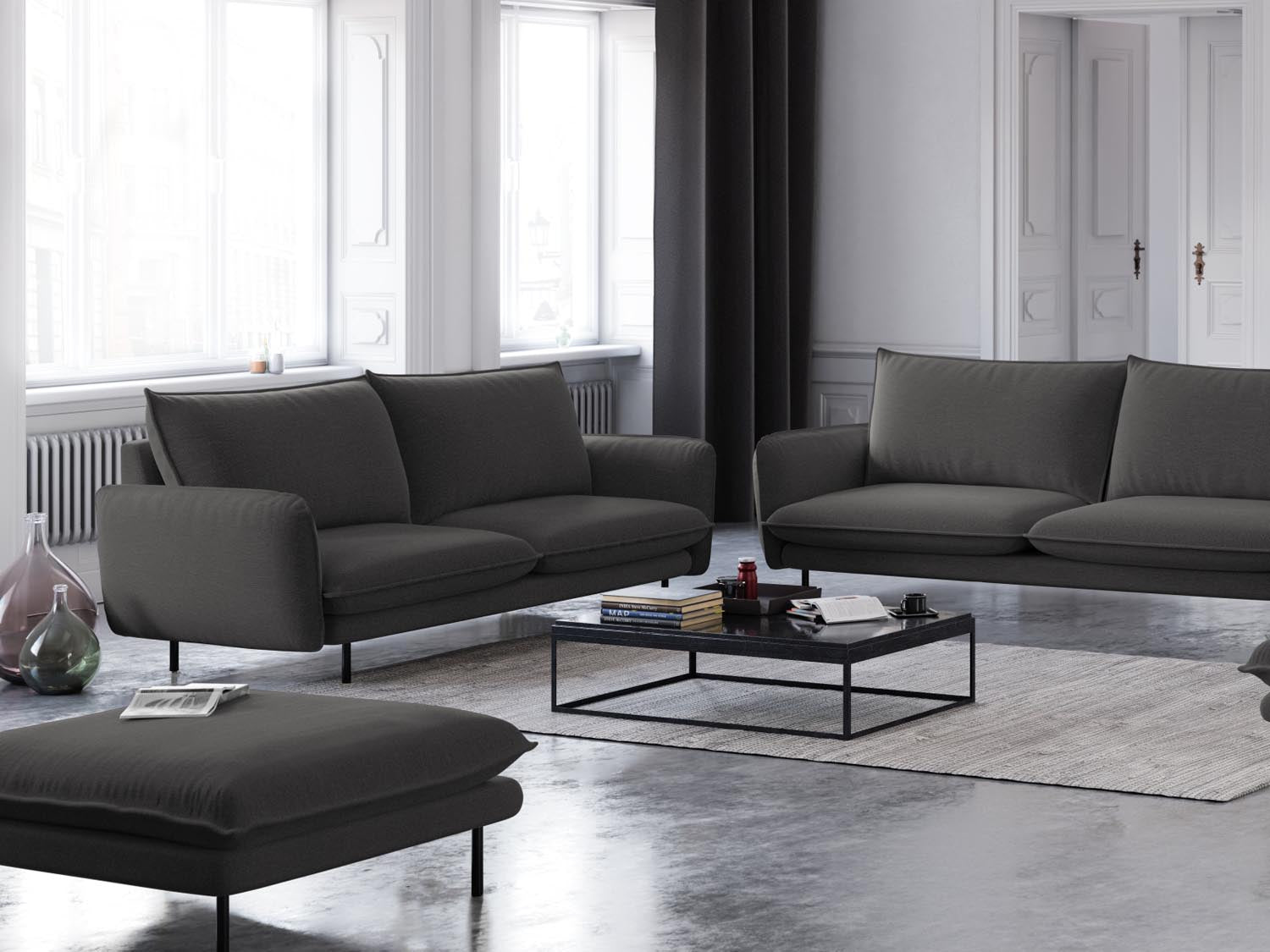 Elegantes 2-Sitzer Sofa "Vienna" in Dunkelgrau/Schwarz, ideal für moderne Wohnräume, präsentiert von Cosmopolitan Design.