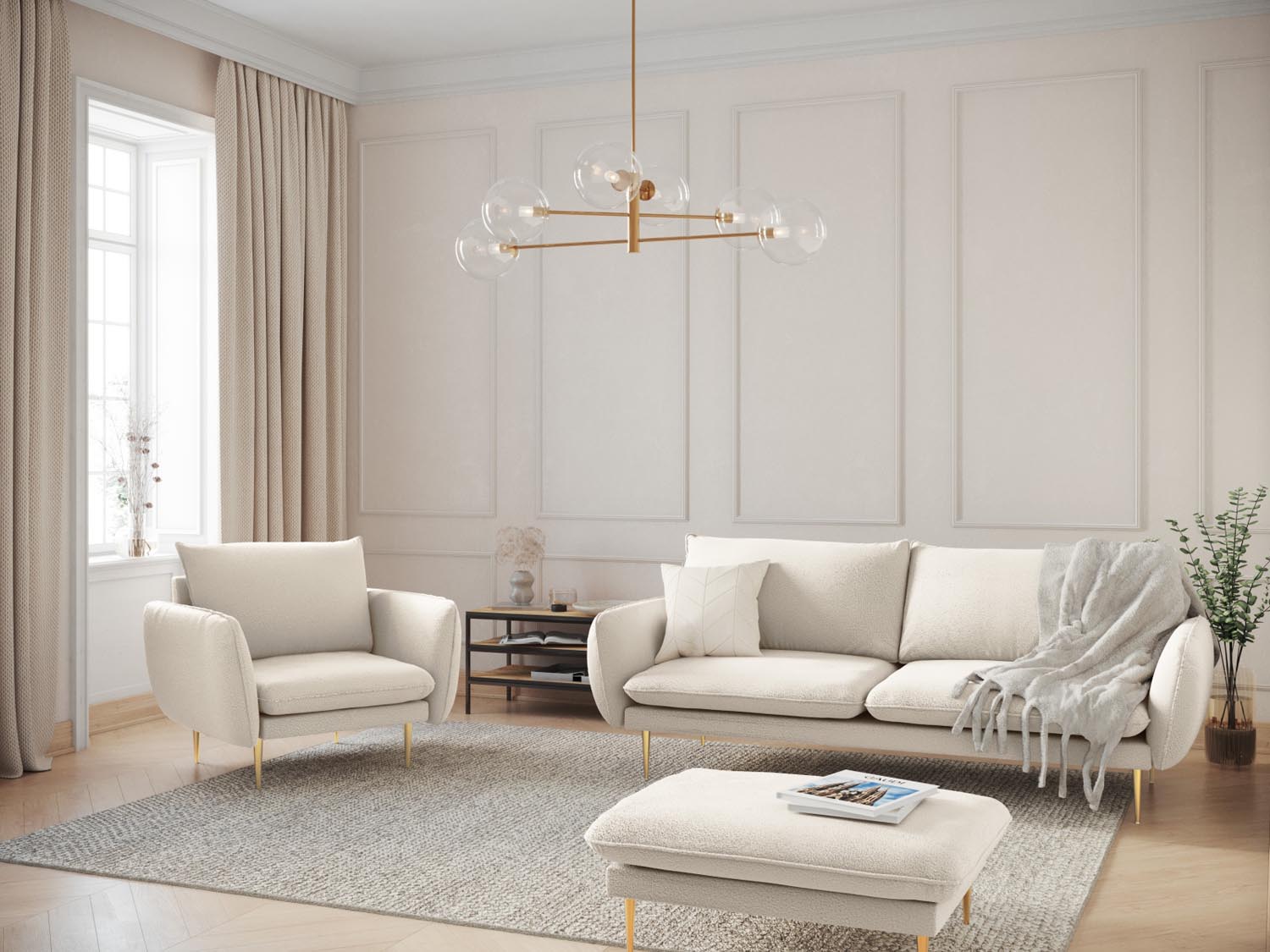 Elegantes Vienna Boucle Sofa für zwei Personen in stilvollem Beige mit goldenen Akzenten, ideal für moderne Wohnräume.
