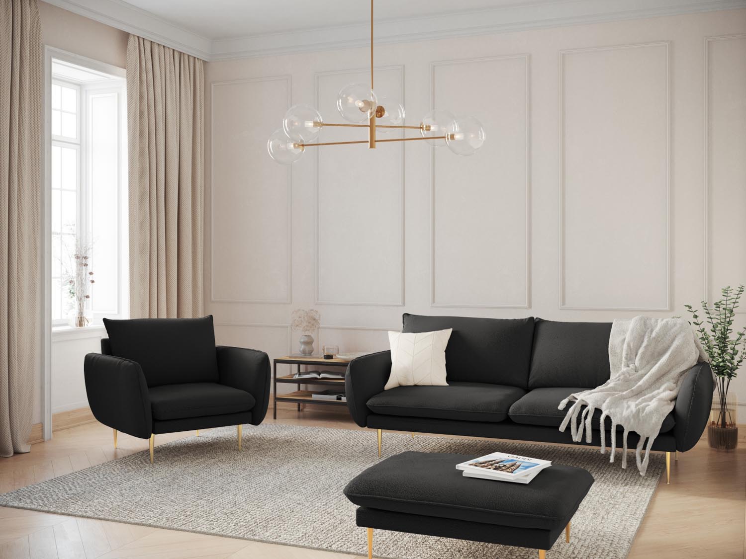 Elegantes Vienna Boucle Sofa für zwei Personen in stilvollem Schwarz und Gold, ideal für moderne Wohnräume.