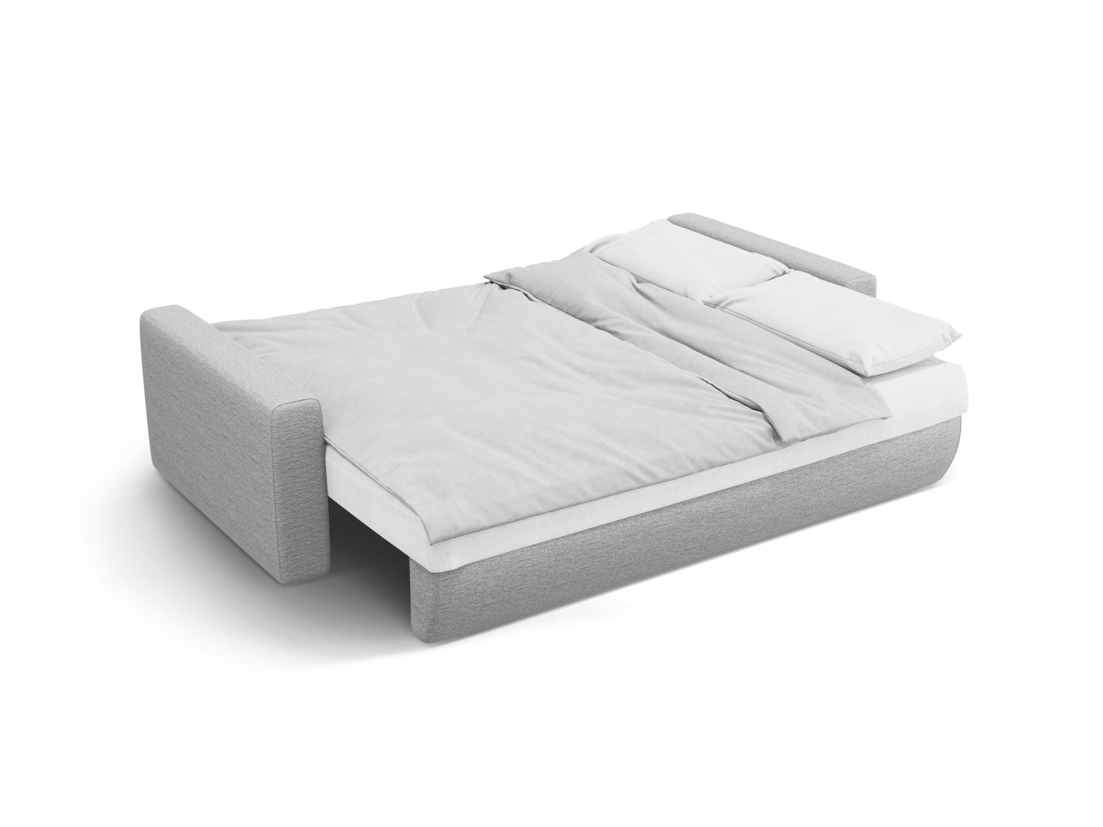 Modernes 3-Sitzer Belfast Sofa in sanftem Grau, perfekt für Gästeübernachtungen und mit praktischem Stauraum für Kissen und Decken.