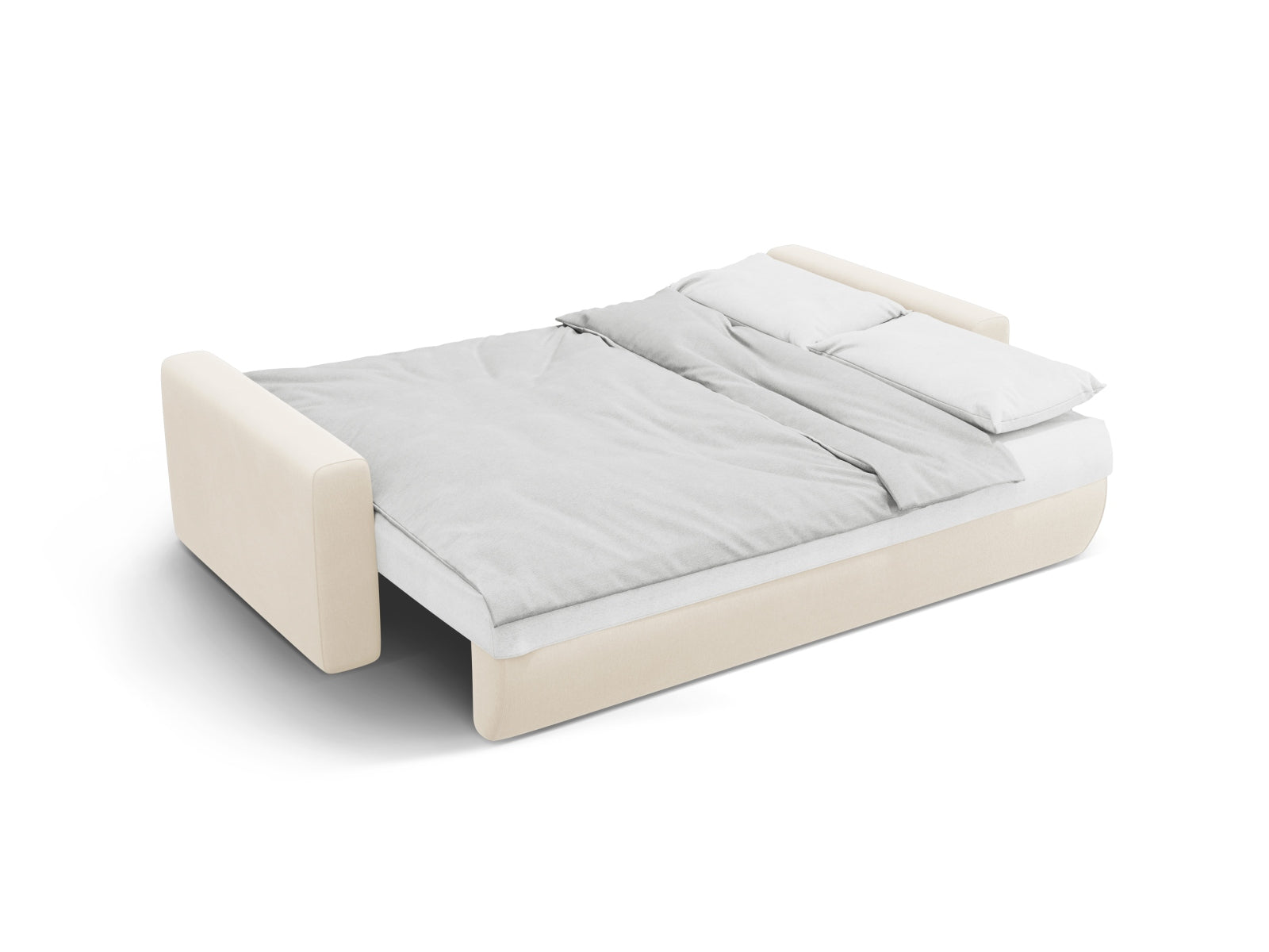Elegantes Belfast Velour Sofa in Ivory, 3-Sitzer mit praktischer Schlaffunktion und cleverem Stauraum für vielseitige Nutzung.