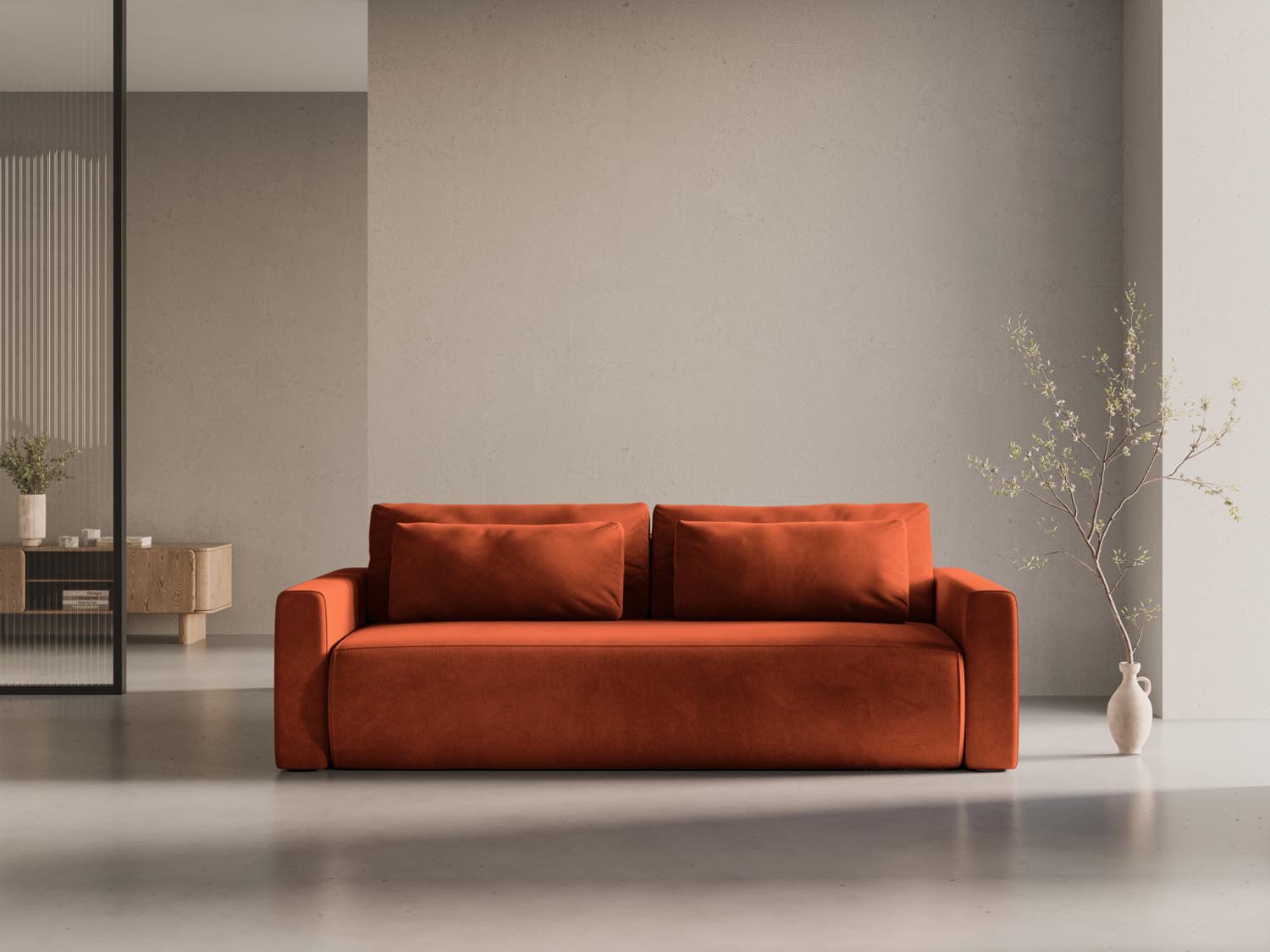Elegantes Belfast Velour Sofa in Auburn-Magic Velvet, 3-Sitzer mit Schlaffunktion und Stauraum, ideal für stilvolle Wohnräume.