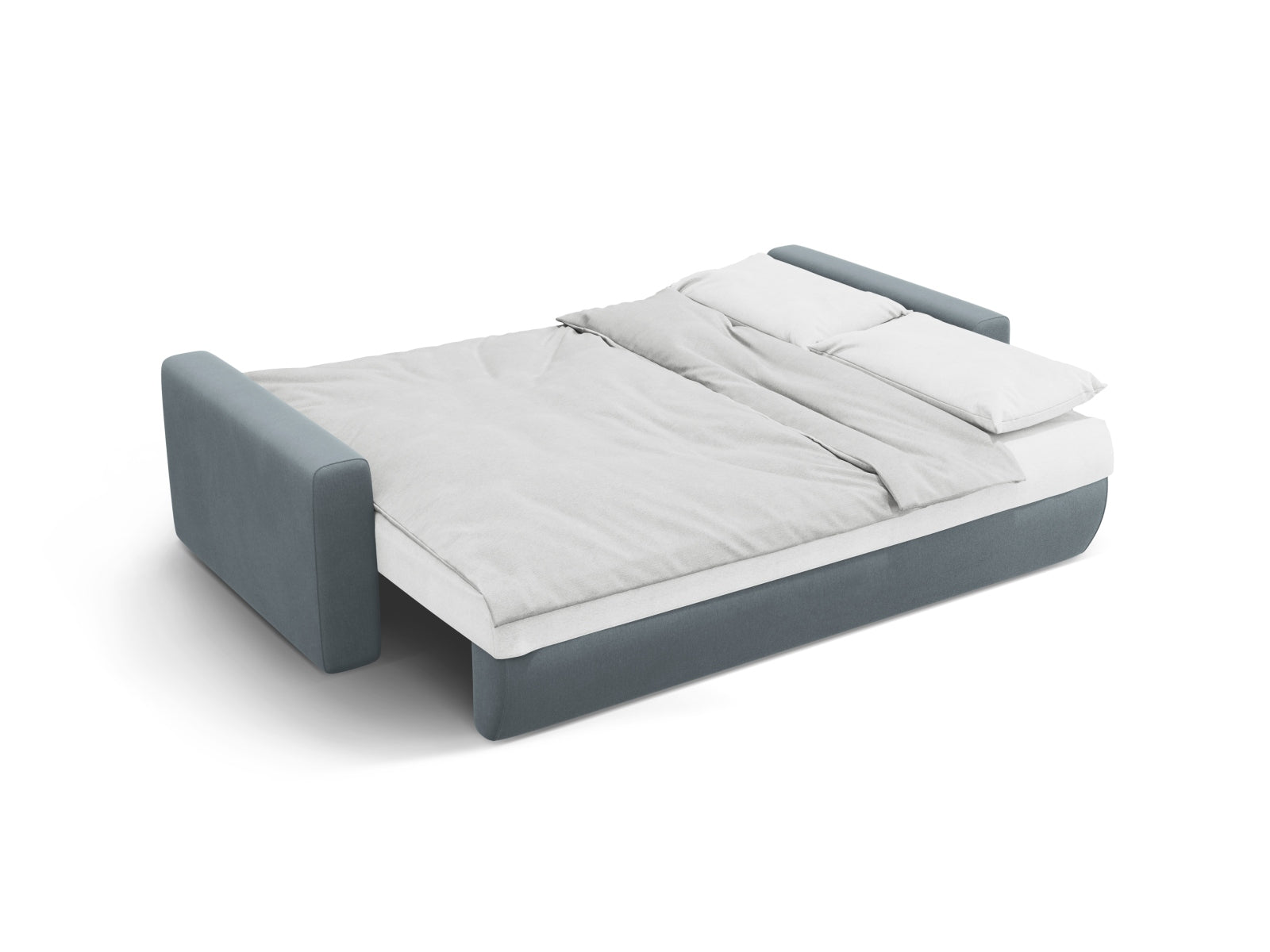 Elegantes Belfast Velour Sofa in Blau-Grau, 3-Sitzer mit Schlaffunktion und integriertem Stauraum für vielseitige Nutzung im Wohnbereich.