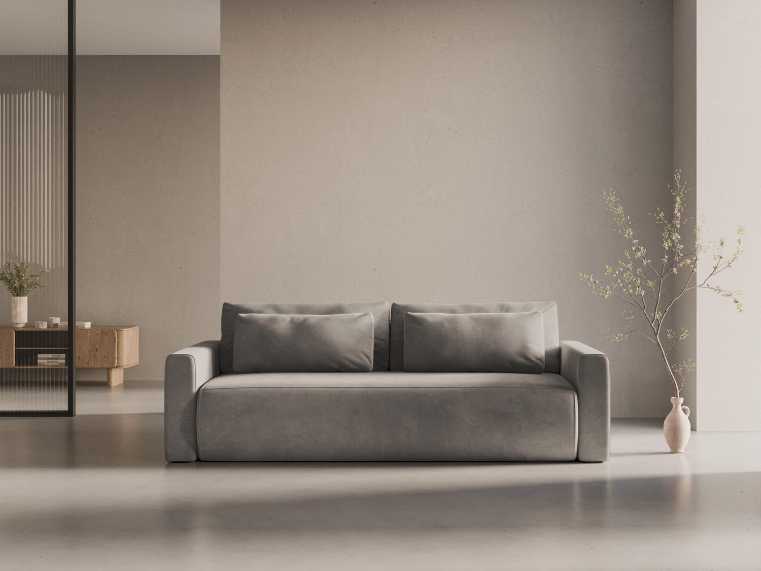 Elegantes Belfast Velour Sofa in Warm Grey mit Schlaffunktion und Stauraum, ideal für stilvolle Wohnräume und Gästeübernachtungen.