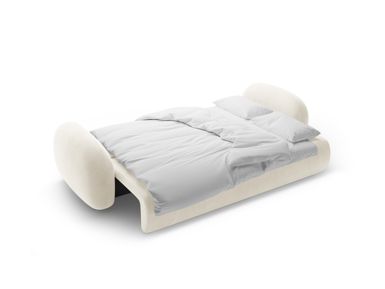 Elegantes 3-Sitzer Velours Sofa in Ivory, ideal für Wohnräume, bietet Schlaffunktion und Stauraum für maximale Flexibilität.