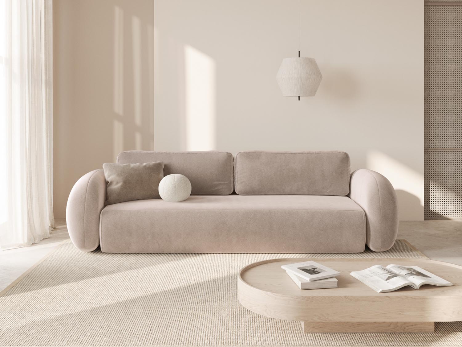 Elegantes Tonale Velour Sofa in Almond Beige mit Schlaffunktion und Stauraum, ideal für stilvolle Wohnräume und Gästeübernachtungen.