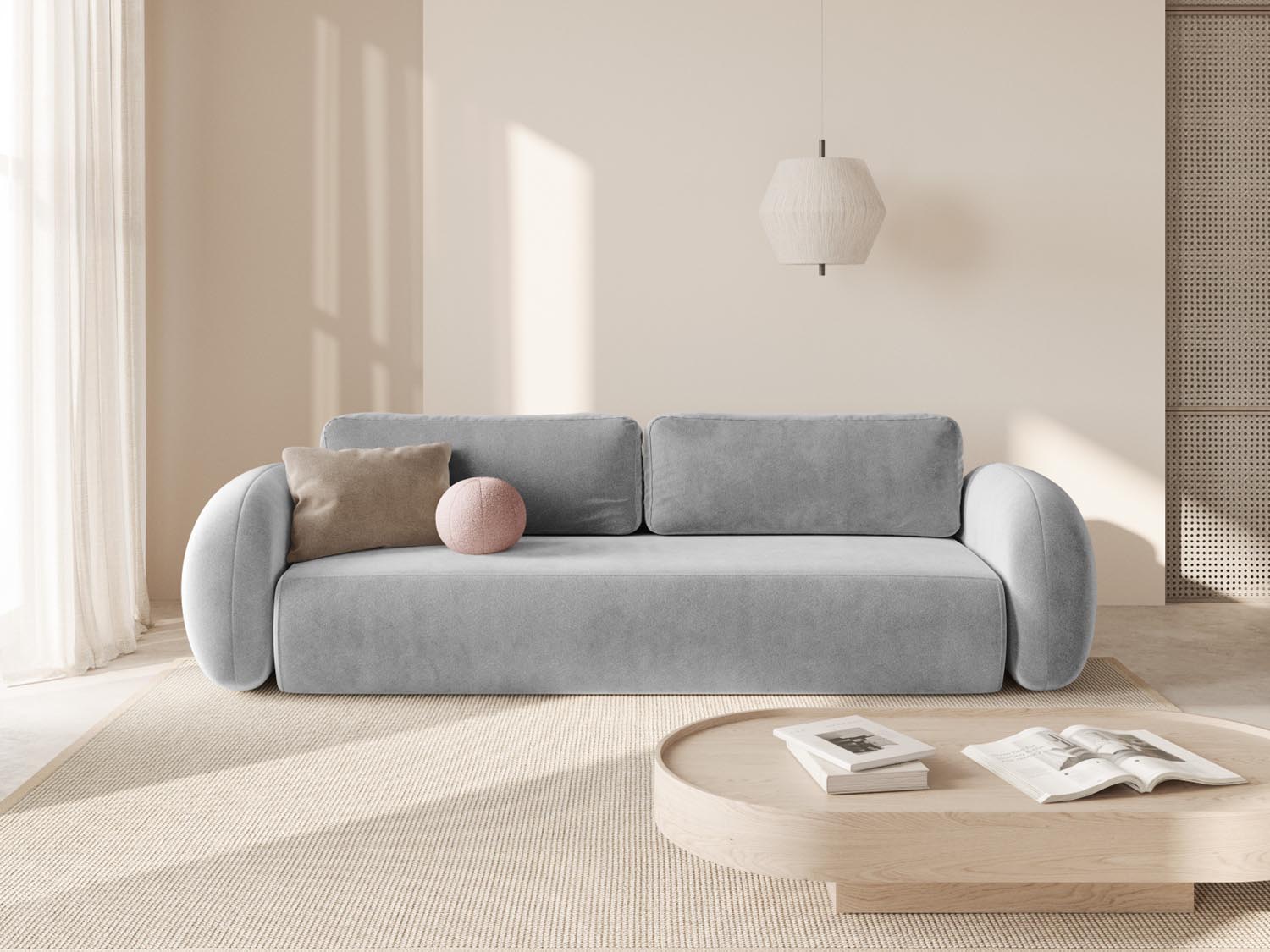 Elegantes Tonale Velour Sofa in Grey-Magic Velvet, 3-Sitzer mit Schlaffunktion und Stauraum, ideal für modernes Wohnen.