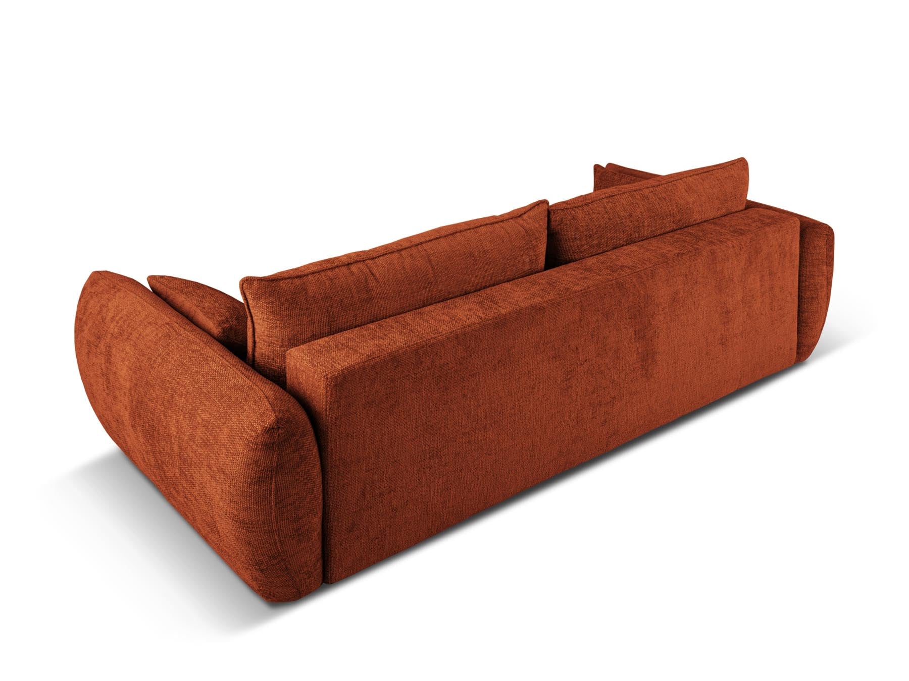 Elegantes 3-Sitzer Sofa Matera in ansprechendem Terracotta, ideal für gemütliche Abende, mit praktischer Schlaffunktion und integriertem Stauraum.