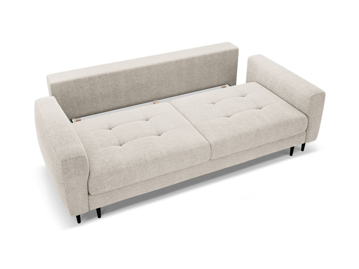 Beiges Bettsofa Lazio mit Sorella-Stoffbezug, Massivholzrahmen, schwarzen Metallbeinen und ausklappbarer Liegefläche samt Bettkasten.