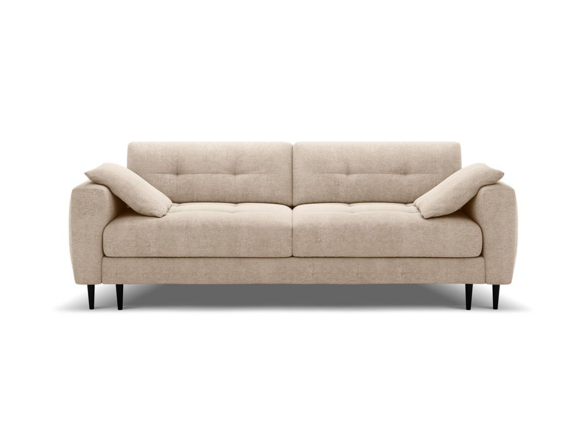 Beiges Bettsofa Lazio mit Sorella-Stoffbezug, Massivholzrahmen, schwarzen Metallbeinen und ausklappbarer Liegefläche samt Bettkasten.