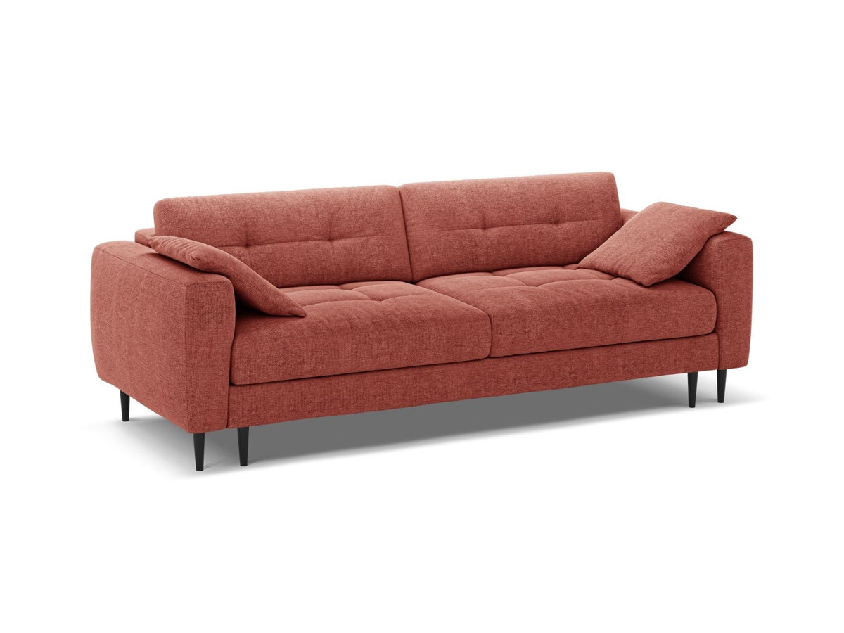 Beiges Bettsofa Lazio mit Sorella-Stoffbezug, Massivholzrahmen, schwarzen Metallbeinen und ausklappbarer Liegefläche samt Bettkasten.
