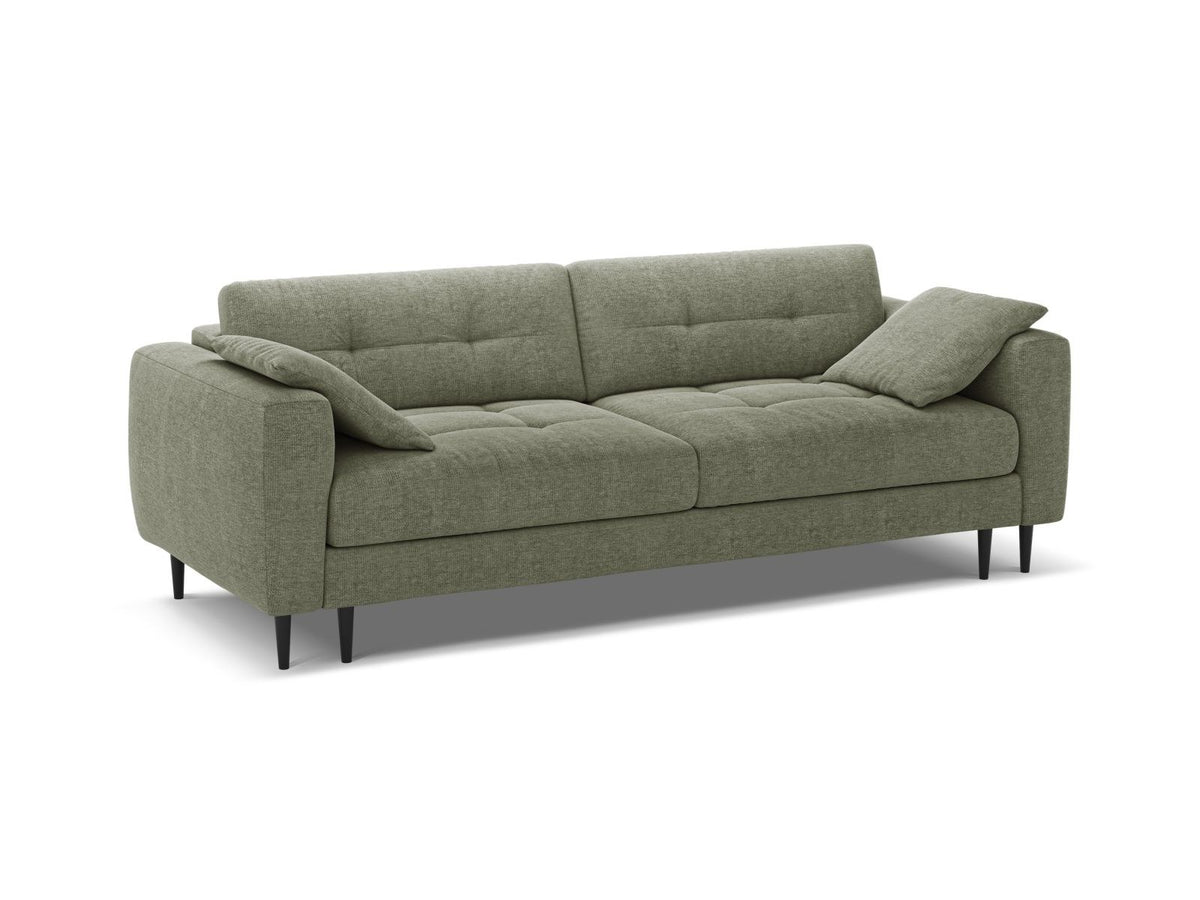 Beiges Bettsofa Lazio mit Sorella-Stoffbezug, Massivholzrahmen, schwarzen Metallbeinen und ausklappbarer Liegefläche samt Bettkasten.